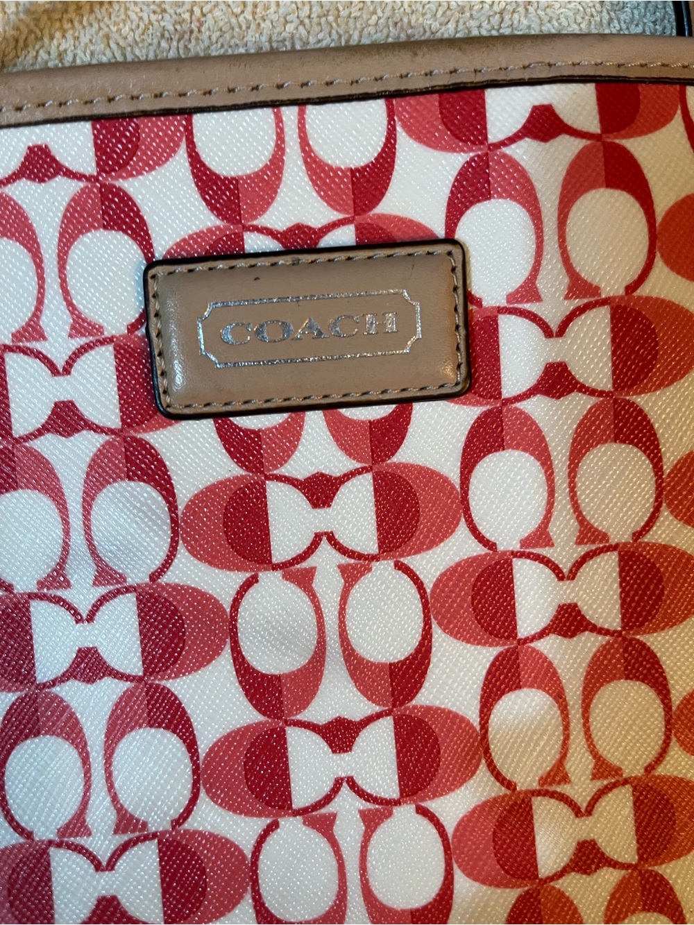 COACH Red and Cream Signature Pattern Tote with Tan Trim